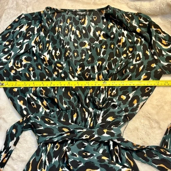 Express Dress Small Olive Green Animal Print Black Mustard Cream Mini Faux Wrap - Picture 11 of 15